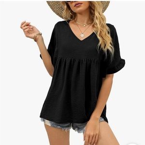 Womens Blouses Ruffle Short Sleeve V Neck T-Shirts Casual Summer Floral Tops